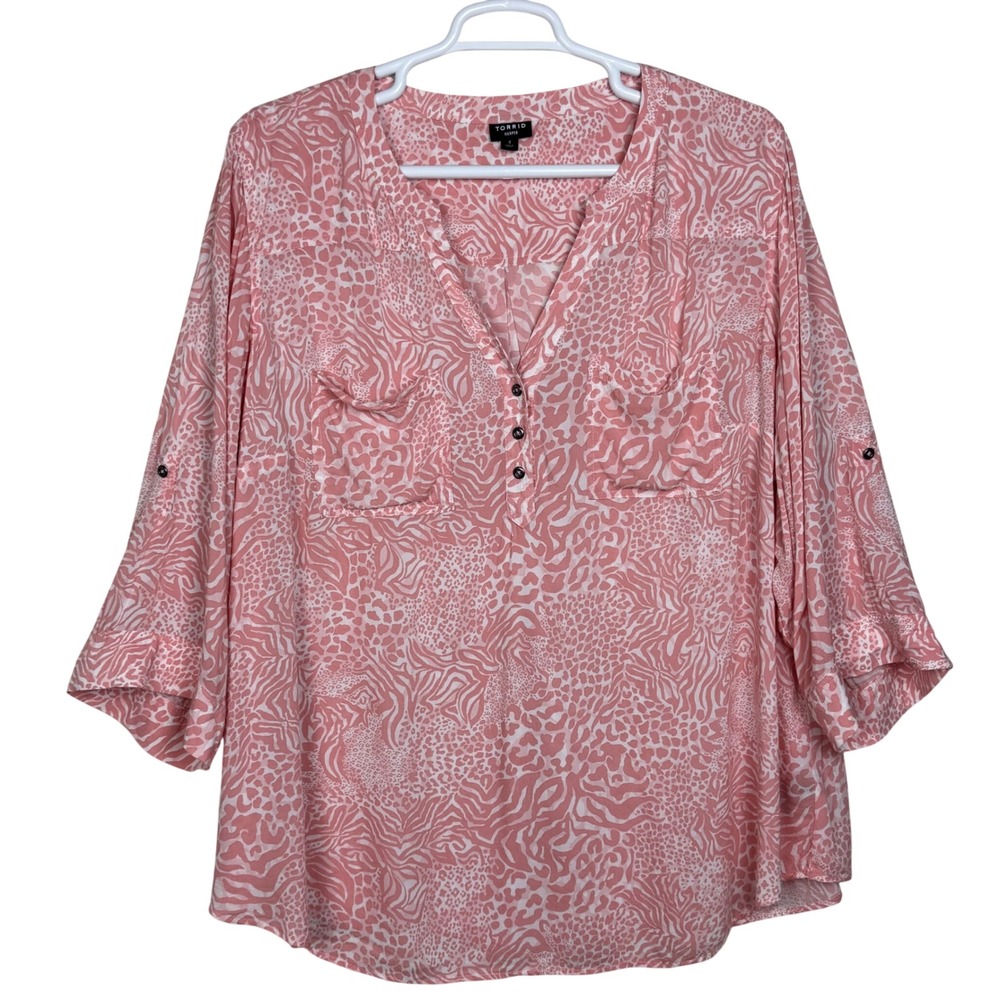 Torrid Harper Blouse Animal Print Roll Tab Sleeve Womens 4 Pink White Flowy Boho